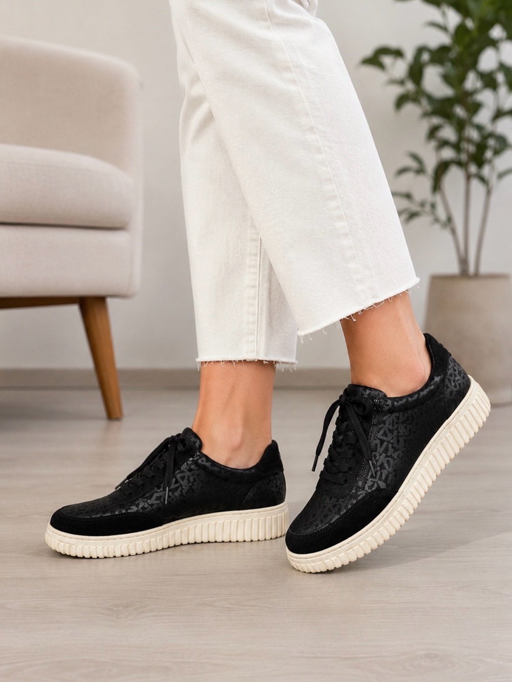 DKNY Black Lace-Up Sneakers with Cream Platform Sole